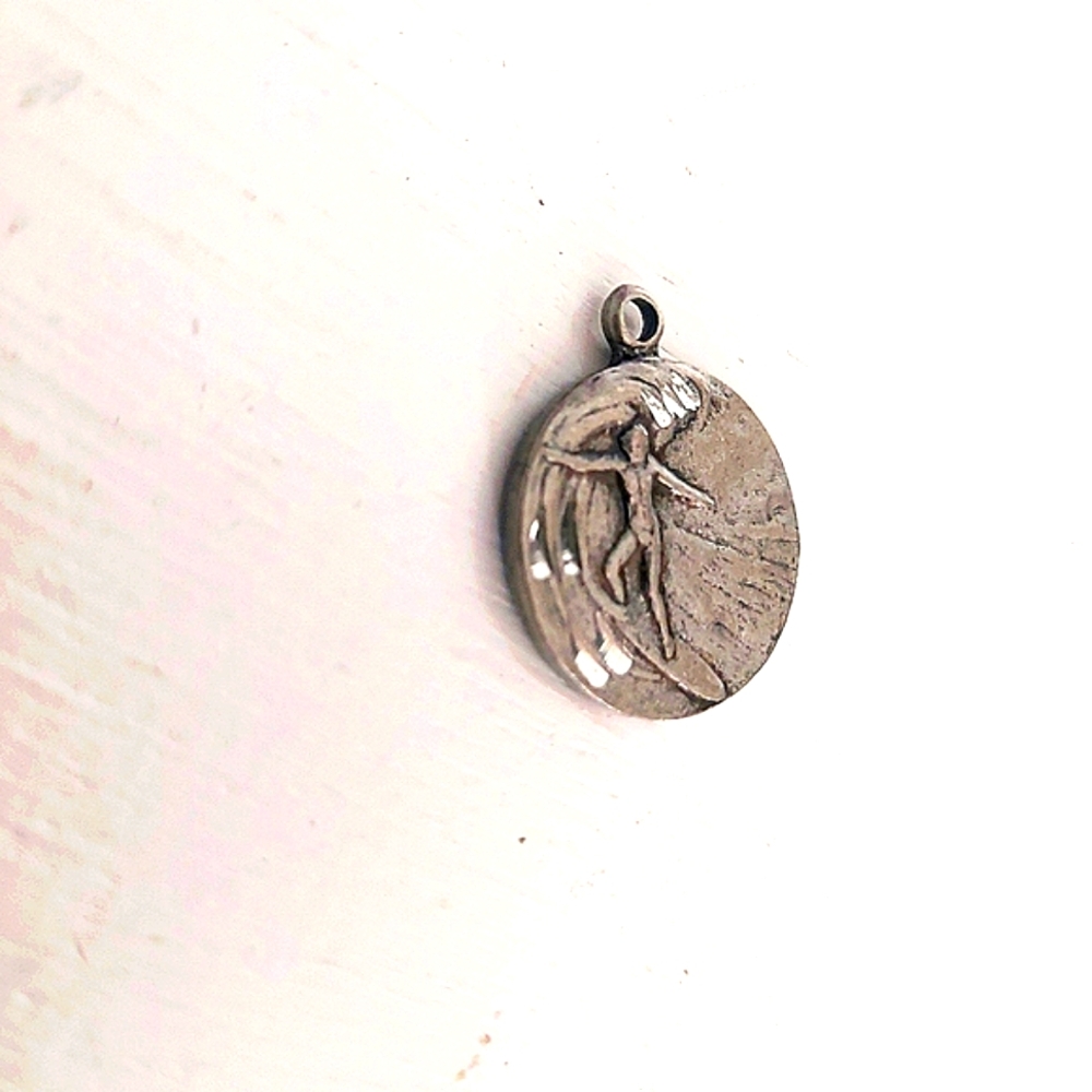 Surfing Pendant, Surfer Riding A Wave, Silver Tone, Round Pendant, Ocean Surfer